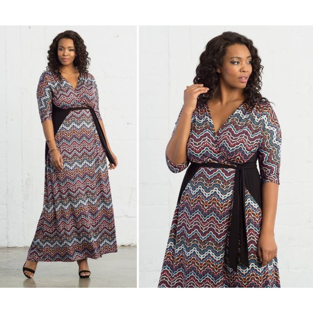Kiyonna Maxi Dress 4X Chevron Moroccan Maxi Style True Wrap Slimming Boho Party
